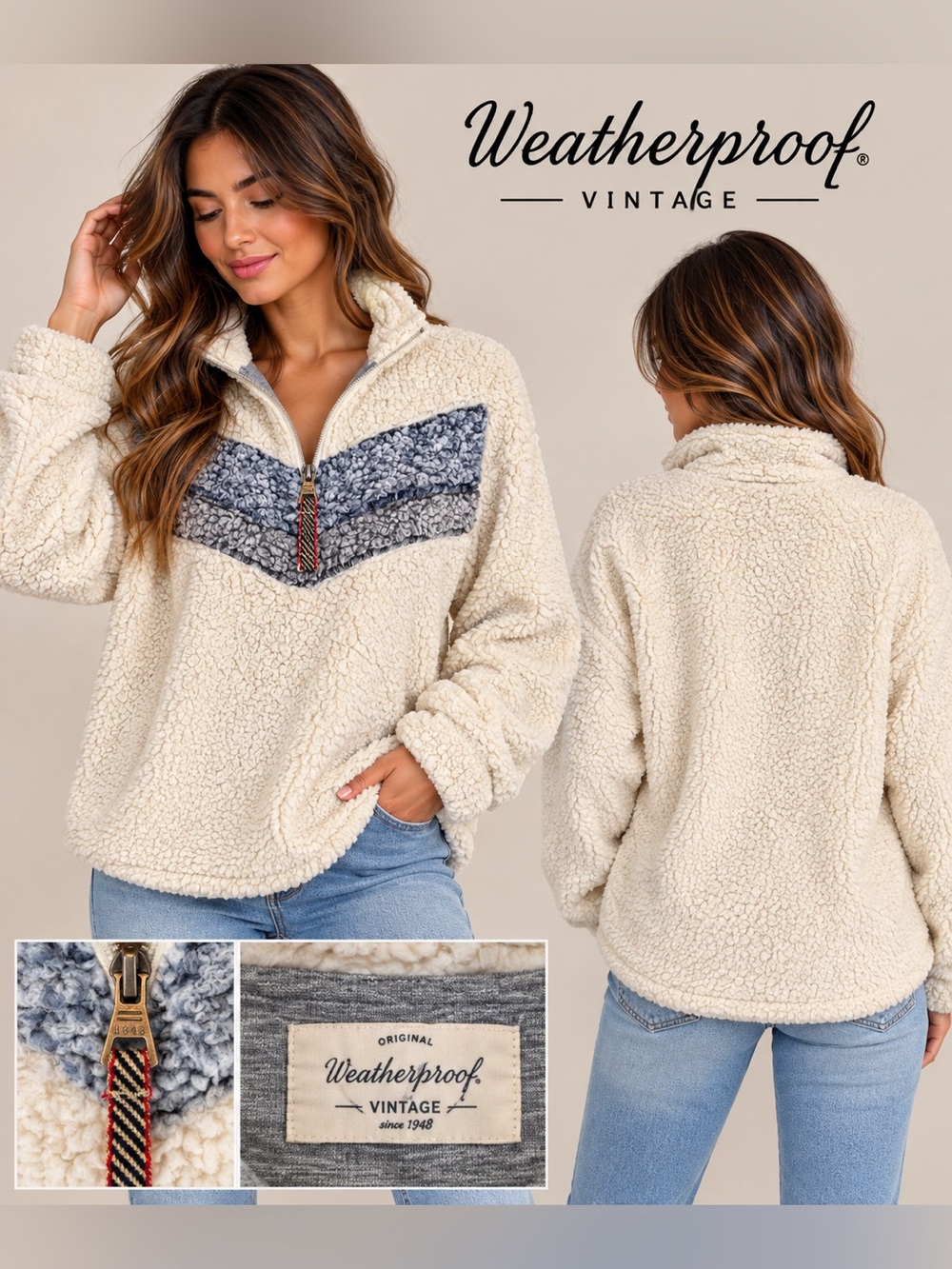 Weatherproof Vintage Sherpa Half-Zip Pullover Sweater Beige/Gray L